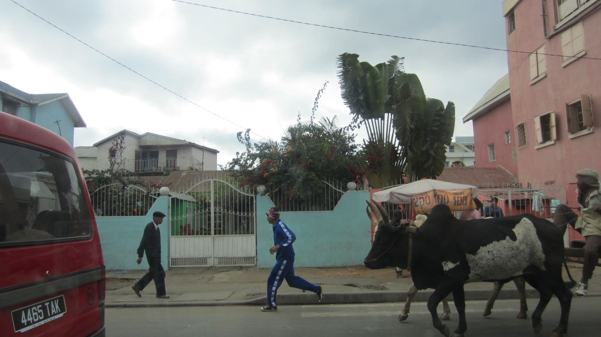 Rue commerçante animée d'Antananarivo, avec échoppes et passants